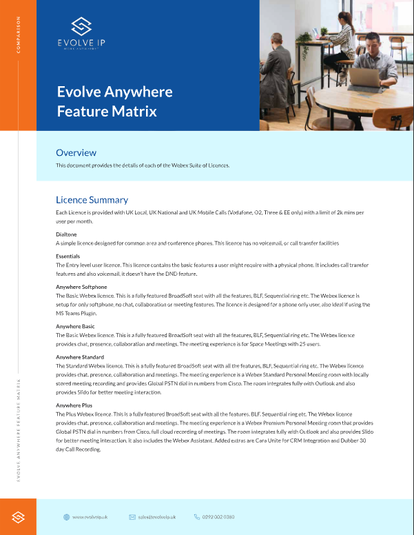 Evolve Anywhere with Webex  - Feature Matrix 